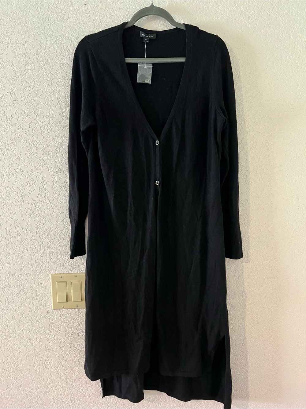 H by Halston Black Long Sleeve V-Neck Button Cardigan Duster